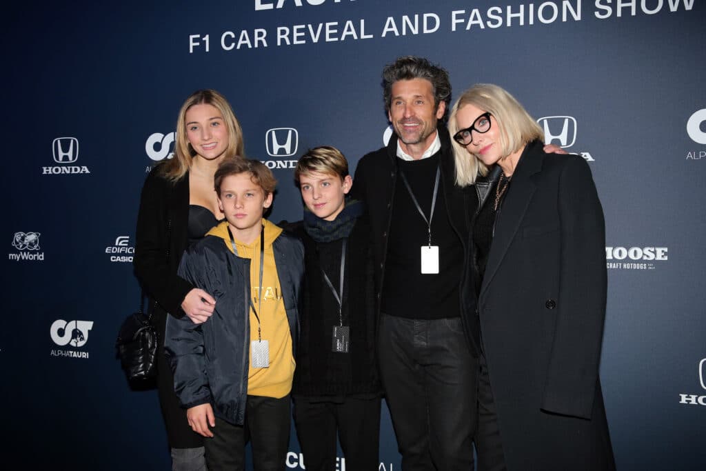 Patrick Dempsey and his wife Jillian Fink, daughter Talula, son Darby (yellow shirt) and son Sullivan during the Scuderia AlphaTauri launch event at Hangar 7 on February 14, 2020 in Salzburg, Austria.