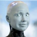 Human shaped robot Ameca of British manufacturer Engineered Arts interacts with visitors.