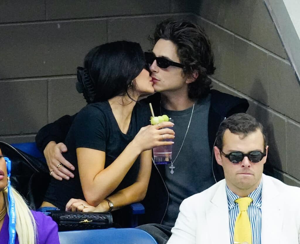 Kylie Jenner and Timothée Chalamet are seen at the Final game with Novak Djokovic vs. Daniil Medvedev at the 2023 US Open Tennis Championships on September 10, 2023 in New York City. (Photo by Gotham/GC Im