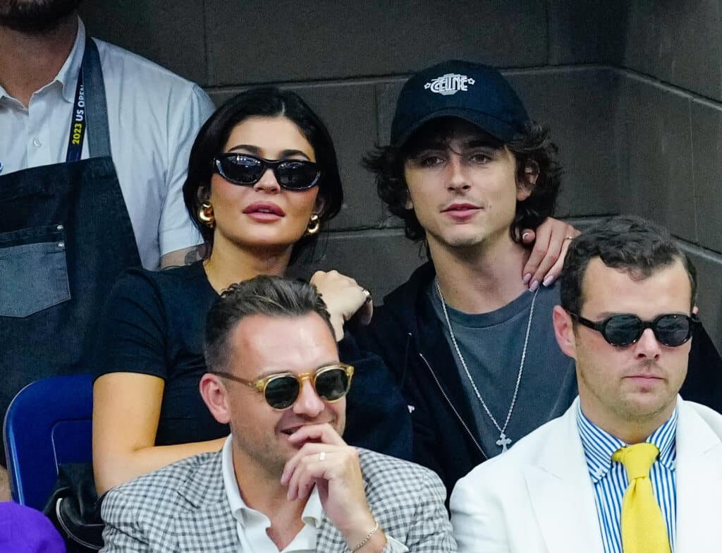 Kylie Jenner and Timothée Chalamet are seen at the Final game with Novak Djokovic vs. Daniil Medvedev at the 2023 US Open Tennis Championships on September 10, 2023 in New York City.