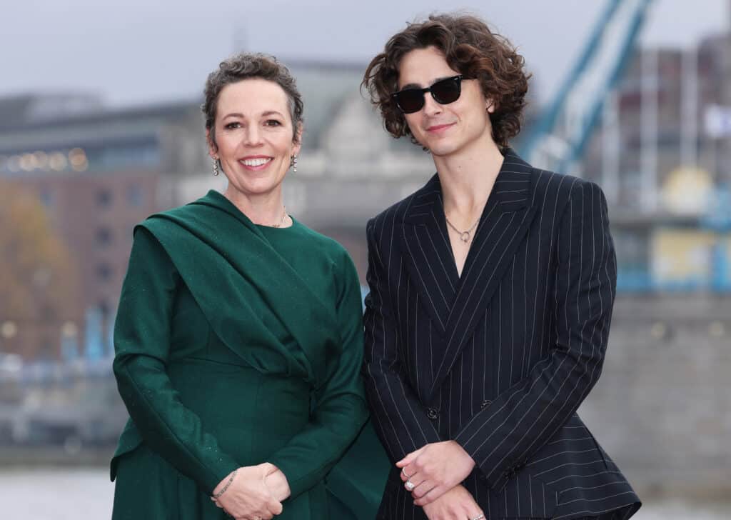 Olivia Colman and Timothee Chalamet attend the "Wonka" photocall in Pottersfield Park on November 27, 2023 in London, England.