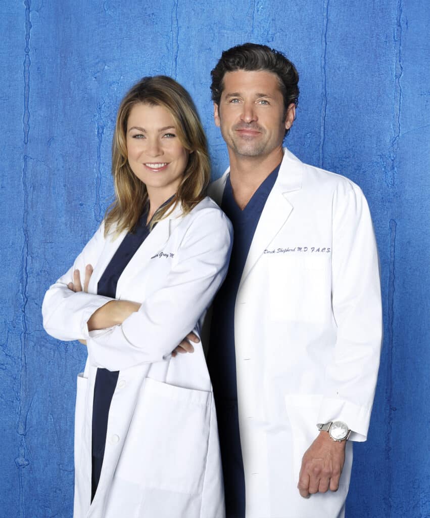 Walt Disney Television via Getty Images's "Grey's Anatomy" stars Ellen Pompeo as Dr. Meredith Grey and Patrick Dempsey as Dr. Derek Shepherd.