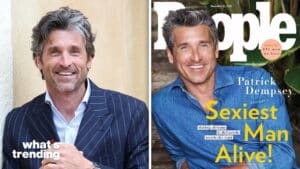 Patrick Dempsey smiling in a pinstripe suit and on the cover of People magazine as Sexiest Man Alive 2023.