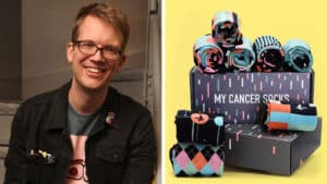 (LEFT) YouTuber and musician Hank Green poses for a photo during the Turtles All the Way Down book tour, backstage at the Curran Theatre on October 31, 2017 in San Francisco, California. (Photo by Kelly Sullivan/Getty Images), (RIGHT) Hank Green's sock collection sits in a box labeled 'My Cancer Socks.' (CREDIT: Awesome Socks Club)