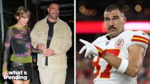Taylor Swift and Travis Kelce walking together; Travis Kelce in Kansas City Chiefs football uniform pointing