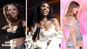 Olivia Rodrigo, SZA, and Taylor Swift performing on stage in vibrant outfits