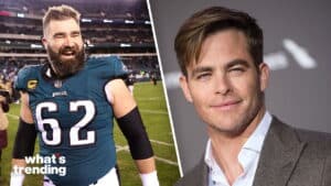 Philadelphia Eagles player Jason Kelce smiling on field; actor Chris Pine in suit at event