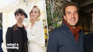 Joe Jonas and Sophie Turner posing together, and a man in a navy jacket with a brown scarf smiling at an event.