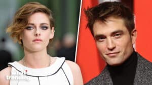 Kristen Stewart and Robert Pattinson in close-up portraits with "what's trending" text overlay.