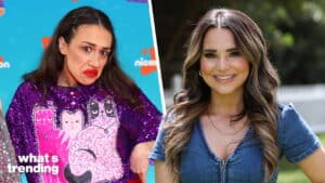 Miranda Sings in a purple cat sweater making a funny face and a smiling woman with long wavy hair in a blue dress outdoors