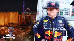 Formula 1 driver Max Verstappen in Red Bull Racing suit and cap, with Las Vegas Strip and Eiffel Tower replica at night in background.