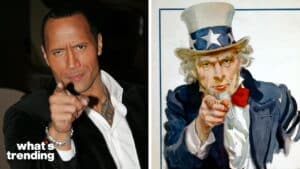 Dwayne "The Rock" Johnson pointing at the camera next to the Uncle Sam "I Want You" recruitment poster.