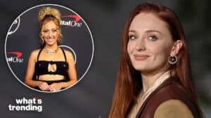 Sophie Turner smiling at an event with an inset of TikTok star Addison Rae in a black crop top at a Capital One backdrop