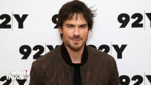 Ian Somerhalder wearing a brown quilted jacket at a 92Y event backdrop