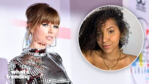 Taylor Swift in a silver mirrored dress at a red carpet event with an inset of a woman with curly hair and a gold chain necklace