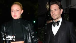 Gigi Hadid in black leather jacket and Bradley Cooper in tuxedo at a nighttime event