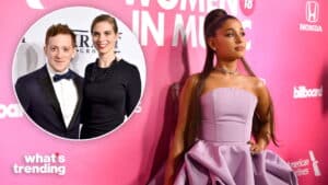 Ariana Grande in a strapless lavender gown at Billboard Women in Music event, inset of a man in tuxedo and woman in black dress.