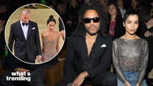 Lenny Kravitz and Zoë Kravitz seated at an event, inset of Channing Tatum and Zoë Kravitz walking hand in hand.