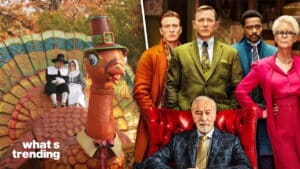 Thanksgiving-themed collage with Pilgrims on a turkey and cast of Knives Out including Daniel Craig and Chris Evans