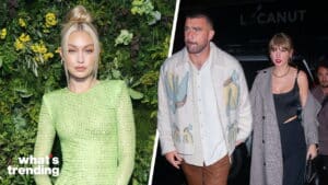 Gigi Hadid in a green dress and Taylor Swift with Jake Gyllenhaal walking at night
