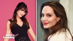 Zooey Deschanel smiling against a pink background and Angelina Jolie with red lipstick looking sideways