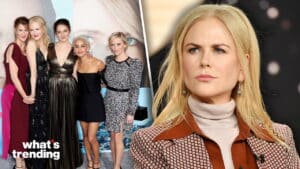 Nicole Kidman, Shailene Woodley, Zoë Kravitz, and Reese Witherspoon posing at a film premiere with a close-up of Nicole Kidman on the right