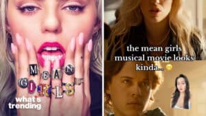 Close-up of a woman with rings spelling "MEAN GIRLS" and a collage referencing the Mean Girls musical movie.
