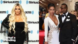 Blonde woman in black dress at SiriusXM event; couple on red carpet with woman in white gown and man in black tuxedo