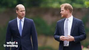 Prince William and Prince Harry walking outdoors in suits and ties, engaged in conversation.