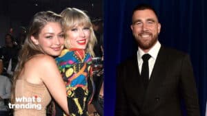 Gigi Hadid hugging Taylor Swift in a colorful outfit, next to a smiling man in a black suit and tie.