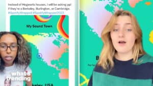 Two women discussing Spotify Wrapped 2023 with a colorful "My Sound Town" map background.