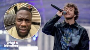 Jack Harlow singing on stage and Kevin Hart in a video call inset with a confused expression