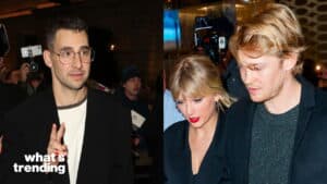 Taylor Swift and Joe Alwyn walking together, and a man with glasses making a peace sign at a nighttime event.