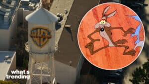 Warner Bros. Studios water tower with inset of Wile E. Coyote from Looney Tunes cartoon