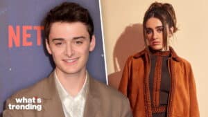 Noah Schnapp smiling at a Netflix event and Maude Apatow posing in a brown jacket and patterned dress