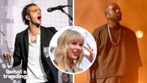 Ezra Miller singing on stage, Kanye West performing with orange lighting, and Taylor Swift smiling in a circular inset