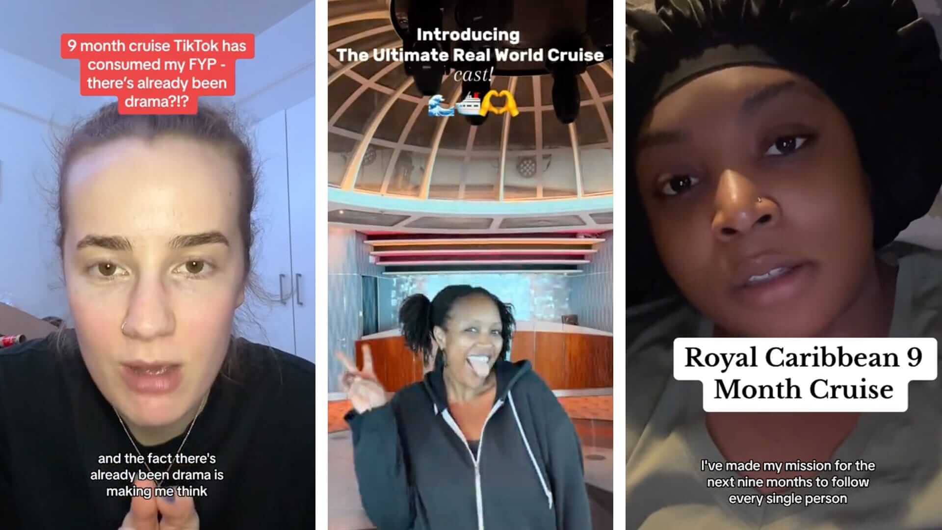 Three TikTok creators discussing the Royal Caribbean 9 Month Cruise and its drama.
