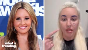 Side-by-side images of Amanda Bynes at an awards event and with bleached hair, blue eyebrows, septum piercing, and a heart tattoo on her cheek.