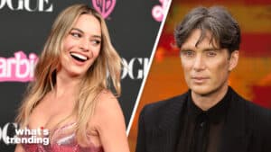 Margot Robbie smiling at the Barbie premiere and Cillian Murphy in a black suit at an event