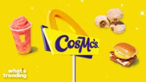 Cosmic's logo with a pink frozen drink, filled donut holes, and a breakfast sandwich on a yellow background.