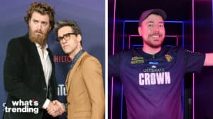 Rhett McLaughlin and Link Neal shaking hands at an event, next to MrBeast smiling in an Ultimate Crown jersey.