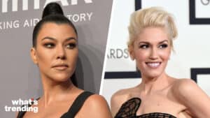 Kourtney Kardashian and Gwen Stefani posing at separate red carpet events.