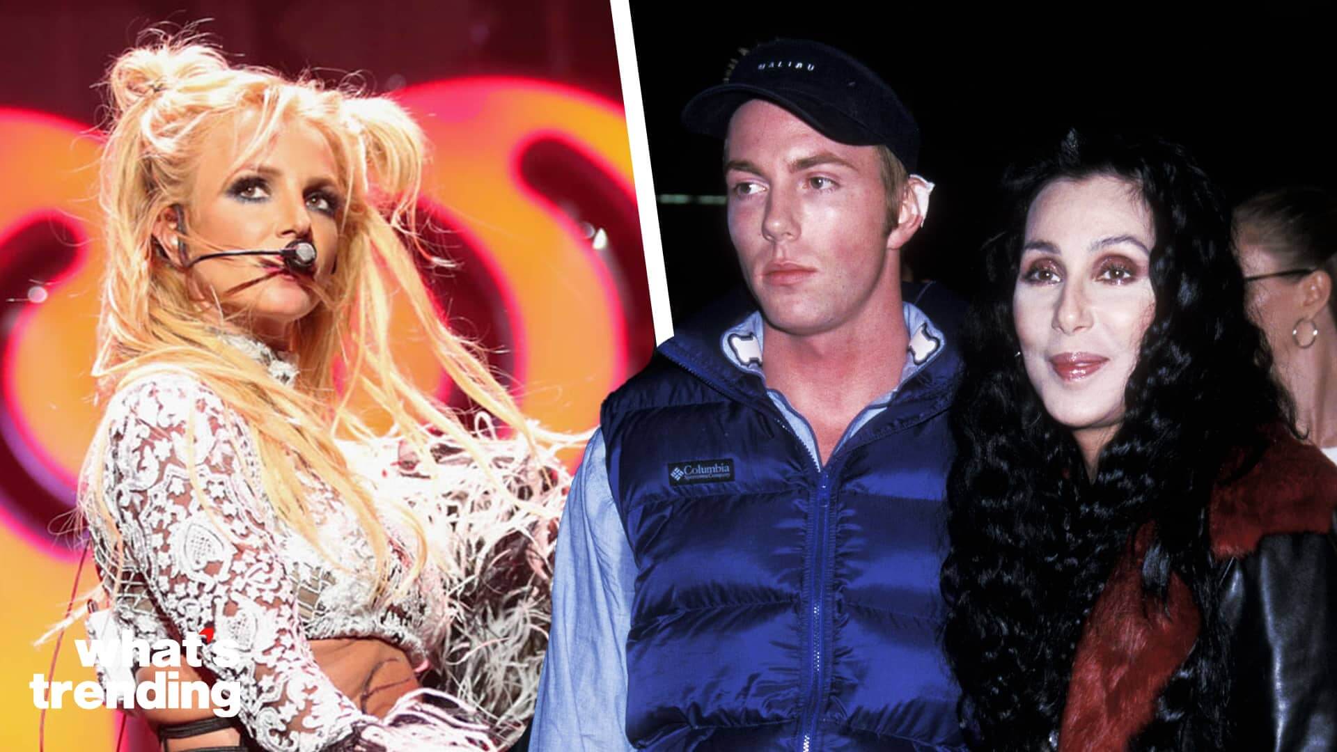 Britney Spears performing with headset microphone and vintage photo of Luke Perry and Cher posing together
