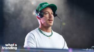 DJ Diplo wearing a green cap and headphones performing at an event with "what's trending" logo visible.