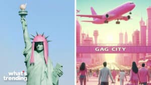 Statue of Liberty with pink wig and pink-themed cityscape with airplane and "GAG CITY" sign.