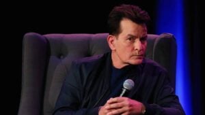 Charlie Sheen speaks with Richard Wilkins during 'An Evening With Charlie Sheen' at the International Convention Centre on November 4, 2018 in Sydney, Australia.