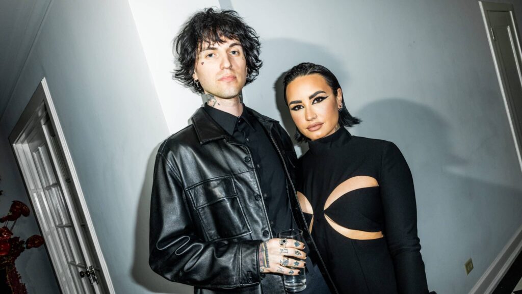 Jordan Lutes and Demi Lovato at the intimate dinner held by Eli Mizrahi of Mônot on April 23, 2023 in Los Angeles, California.