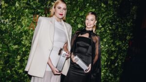 Greta Gerwig and Margot Robbie at the 33rd Annual Gotham Awards held at Cipriani Wall Street on November 27, 2023 in New York City.
