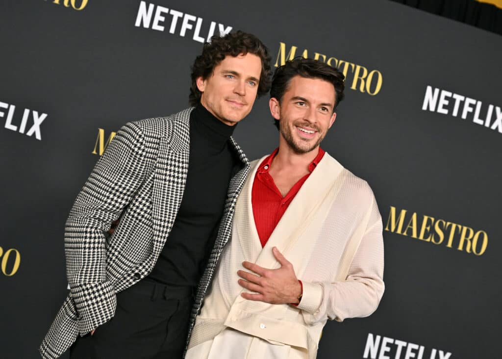 Matt Bomer and Jonathan Bailey attend Netflix's "Maestro" Los Angeles Photo Call at Academy Museum of Motion Pictures on December 12, 2023 in Los Angeles, California.