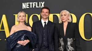 Carey Mulligan, Lady Gaga and Bradley Cooper attend Netflix's "Maestro" Los Angeles Photo Call at Academy Museum of Motion Pictures on December 12, 2023 in Los Angeles, California.